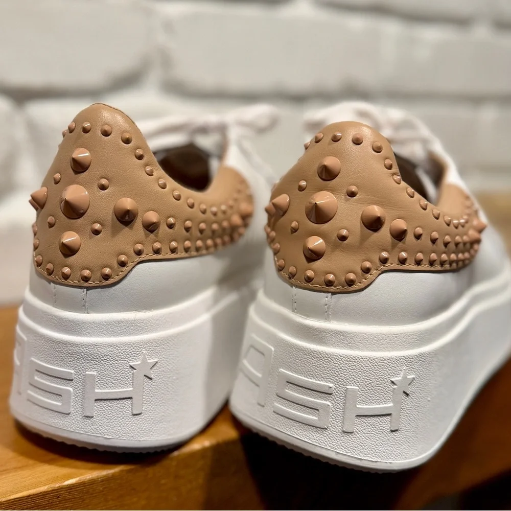 ASH Platform Sneakers White Leather NUDE Studded Heel Size 40 Luxury Chunky NIB - Picture 7 of 15